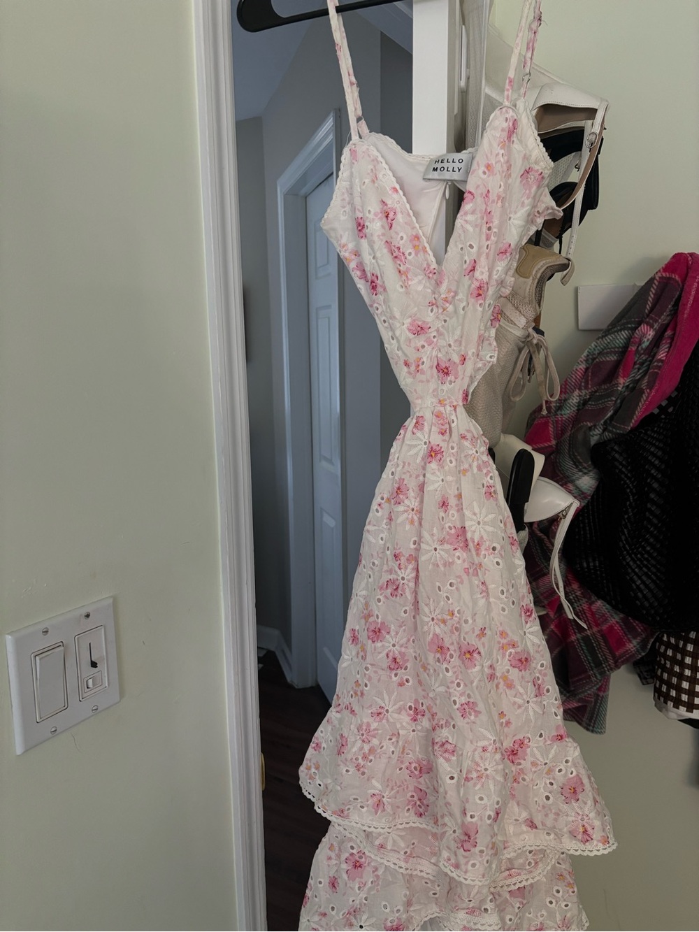 Hello Molly White & Pink Floral Eyelet Midi Dress